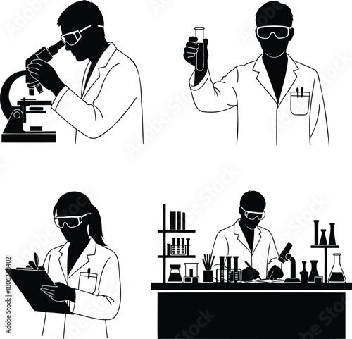 Laboratory Researchers with Microscope and Test Tubes Silhouette Set