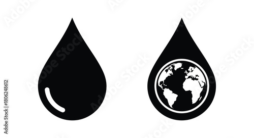 Two water droplets one blank one containing an image of planet earth