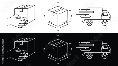 Package handling measurement and fast delivery truck icon set