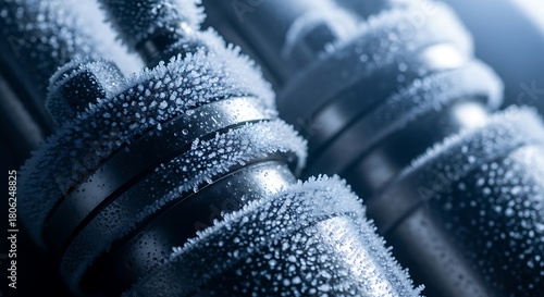 Close-up of frozen pipes, industrial equipment covered in frost, cold storage, cryogenic technology, and winter conditions
