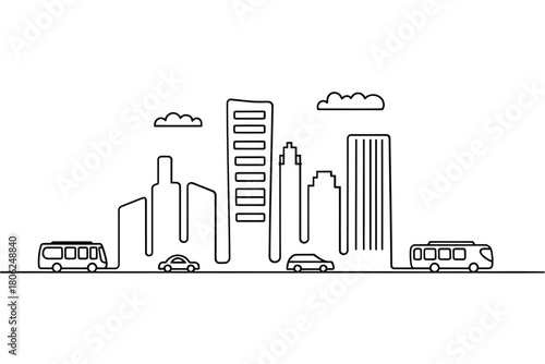 Minimalist line art cityscape with vehicles and clouds