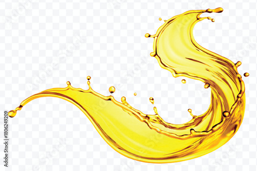 abstract smooth liquid oil splashing with droplets in curve style isolated on white background	
