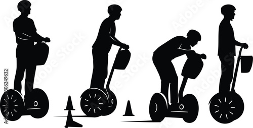 Segway Riders Training Around Cones Silhouette Vector Set