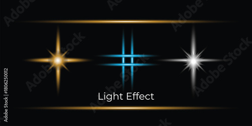 Abstract light effects collection with gold blue and white colors on black background