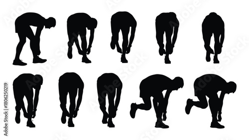Person tying shoelaces silhouette collection isolated on white background, Vector