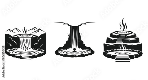 Black and white illustration depicting waterfalls hot springs and mountain scenes