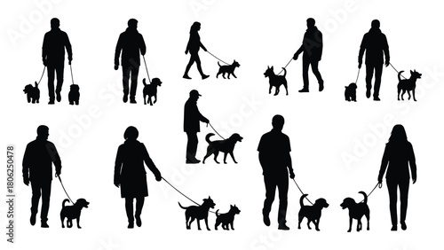 People walking dogs silhouettes collection isolated on white background, Vector