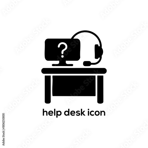 Help desk vector icon with computer question mark and headset representing customer support, call center and assistance services.

