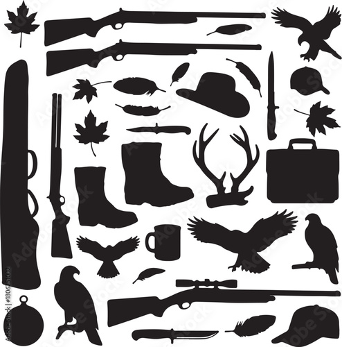 Collection of Hunting and Outdoor Gear Silhouettes Featuring Rifles Shotguns Antlers and Birds Keywords: hunting, shotgun, rifle, antlers, eagle, bird, feather, maple leaf, on transparent background