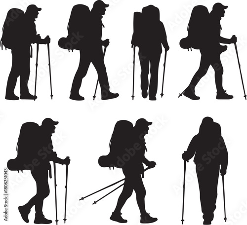 Collection of silhouettes of hikers with backpacks and trekking poles on a white background Keywords: hiking, trekking, backpacker, silhouette, hiker, walking, outdoor, on transparent background