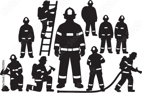 Diverse group of firefighters in silhouette with equipment and ladder Keywords: firefighter, firemen, fire fighter, fire fighting, emergency services, rescue, safety, on transparent background