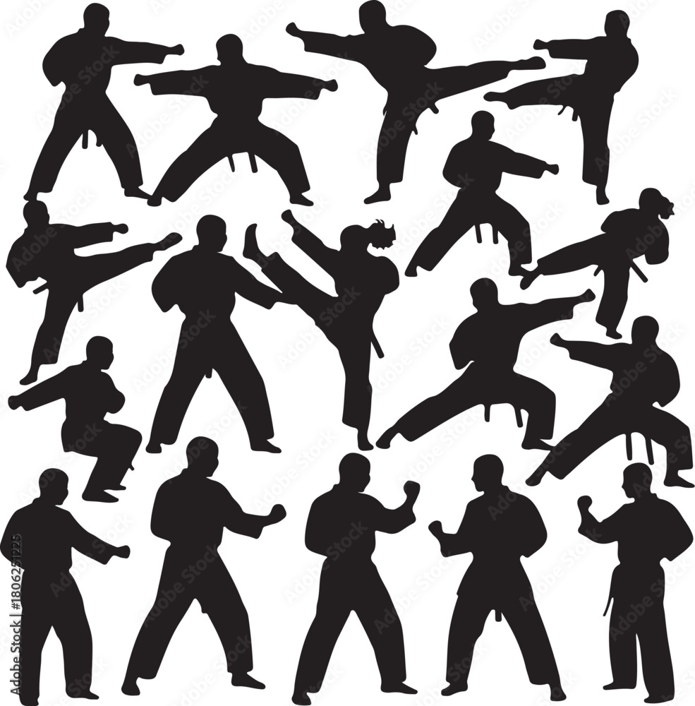 Fototapeta premium Silhouette Collection of Karate Fighters in Various Martial Arts Poses Keywords: karate, silhouette, martial arts, fighter, warrior, combat, action, pose, kick, punch, on transparent background