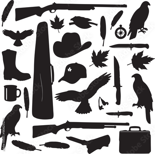Silhouette collection of hunting and outdoor gear including shotguns, knives, boots, hats, feathers, and eagles Keywords: hunting, outdoor, silhouette, shotgun, rifle, on transparent background