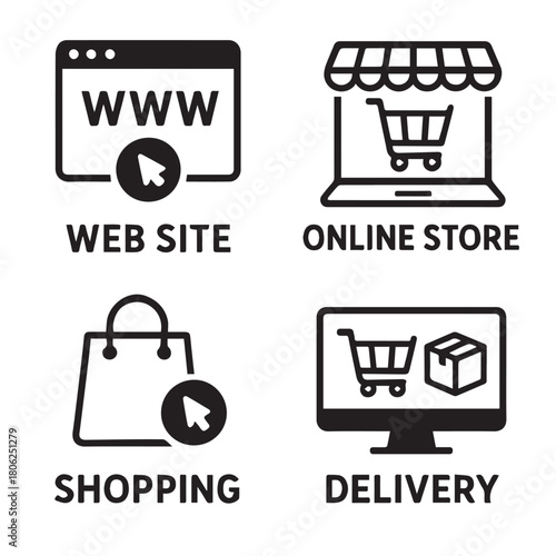E-Commerce Icons Set — Website, Online Store, Shopping Bag, Delivery Symbols in Black Line Style