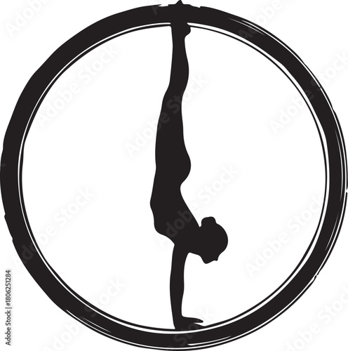 Silhouette of a Gymnast Performing a Handstand Inside a Circle on White Background Keywords: gymnast, gymnastics, handstand, yoga, fitness, exercise, sport, recreation, on transparent background