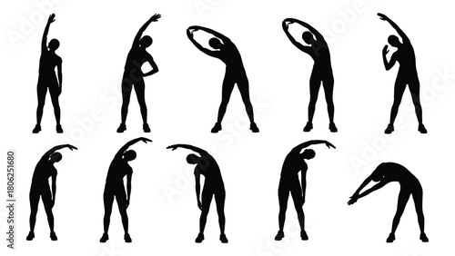 Stretching exercise silhouettes isolated on white background, Vector
