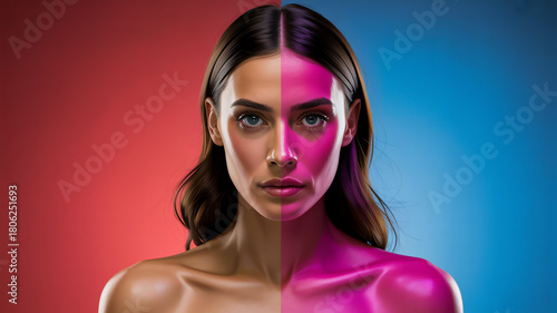 Attractive woman with creative makeup posing in studio with red and blue lights