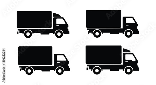 Four simple black silhouette icons depicting various delivery truck designs