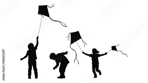 Children flying kites silhouette isolated on white background, Vector