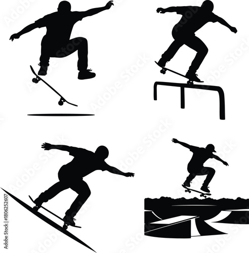 Skateboarders Performing Tricks Silhouette Skate Park Vector Set