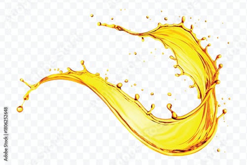 abstract smooth liquid oil splashing with droplets in curve style isolated on white background	
