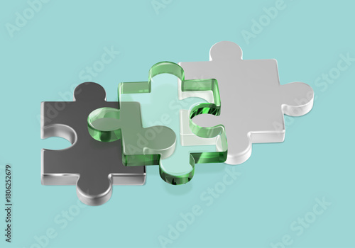 3D puzzle pile. Team challenge assemble 3 pieces, solve complex jigsaw. Logic strategy game. Business problem solution concept. Vector abstract partnership concept. Connect together join matching part