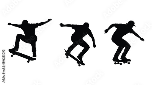 Skateboarder silhouettes in action isolated on white background, Vector