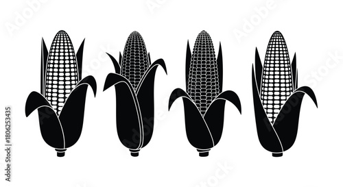 Four stylized corn cobs with husks a black and white illustration
