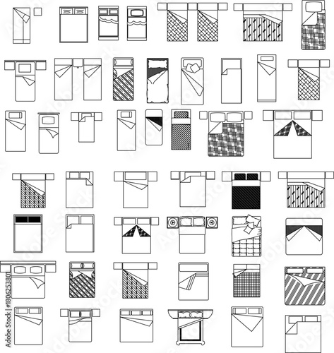 A comprehensive set of top-view vector icons illustrating various bed types, sizes, and bedding layouts for architecture and interior design plans.