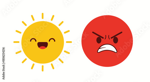 Happy Sun & Angry Red Face Emoji Icons - Emotion Vector Set