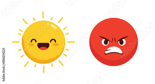 Happy Sun & Angry Red Face Emoji Icons - Emotion Vector Set