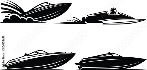 Racing Speedboats and Powerboats Silhouette Vector Set