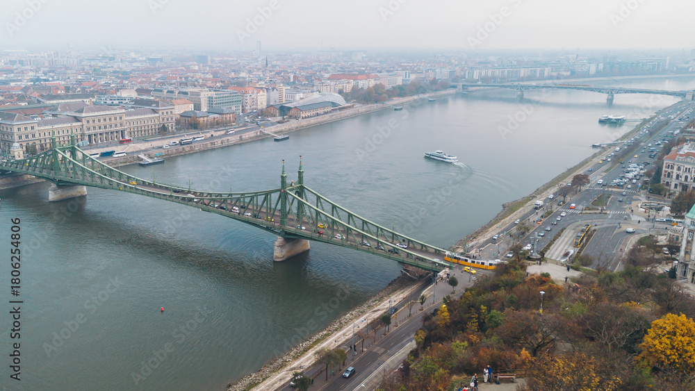 Naklejka premium Liberty Bridge in Budapest, Hungary, spanning the Danube River on a foggy autumn day.
