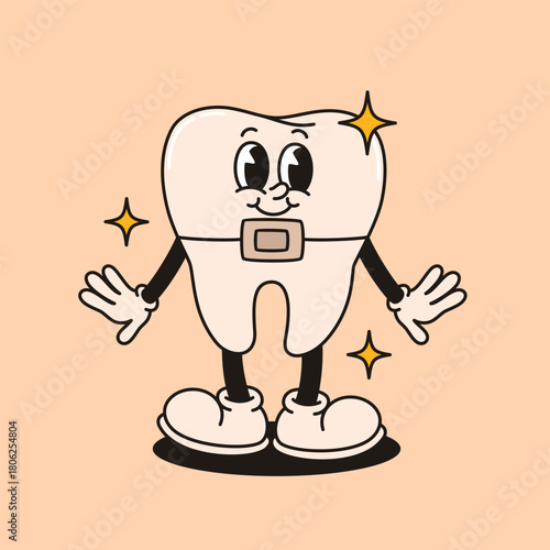 Groovy tooth with braces character. Flat vector illustration.