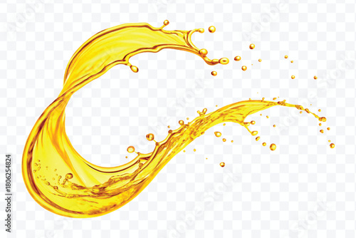 abstract smooth liquid oil splashing with droplets in curve style isolated on white background	
