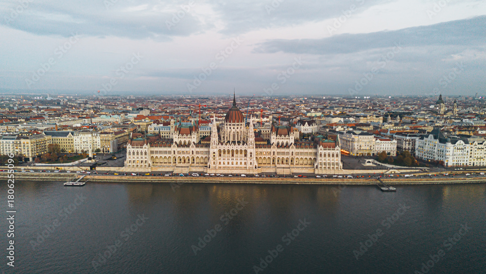 Obraz premium Budapest Parliament Building over Danube River. Aerial view, Hungary.