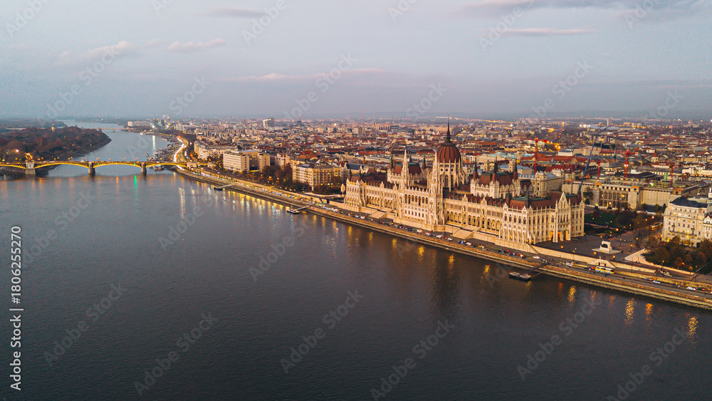Fototapeta premium Aerial view of Budapest with the Parliament at dusk.