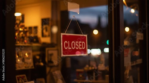 Closed sign hanging on store window, glowing closed sign at night, small business closed message, cafe storefront detail, lockdown restriction footage, empty street scene, economic crisis