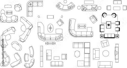 Vector line drawings of complex modular and curved sectional sofas, chairs, and tables in plan view, used for high-detail, flexible interior layouts.