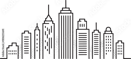Black and white outline drawing of a city skyline with varied building heights and dotted textures