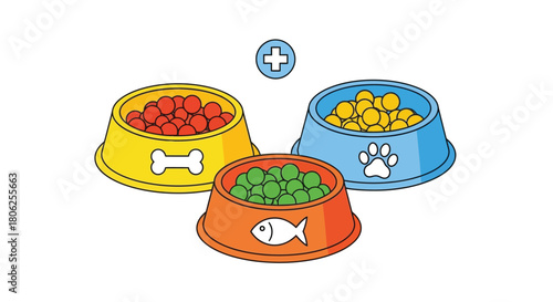 Colorful pet food bowls with colorful kibble and a medical cross
