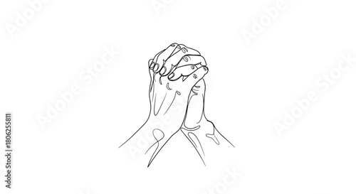 Intertwined hands in a praying gesture on a white background  