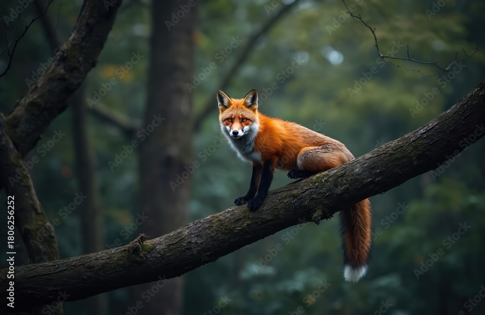 Naklejka premium Red fox sits on tree branch in forest. Orange furred mammal looks alert. Dark woods create moody background. Wild animal perched high above ground.