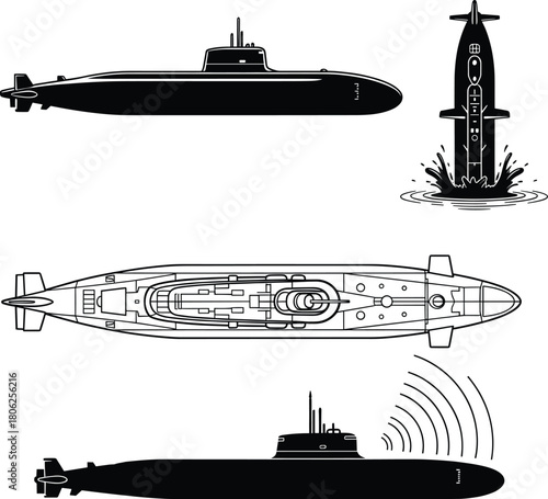 Submarine Silhouette and Top View Technical Vector Set