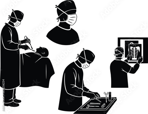 Surgeon Performing Operation and Reviewing X Ray Silhouette Vector Set