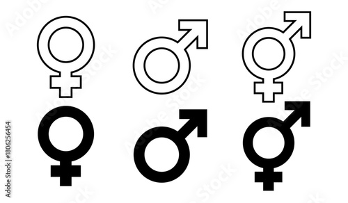 male and female gender symbols icons in outline and solid vector illustration.