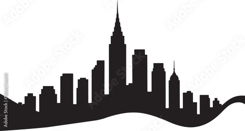 Black silhouette of a city skyline with a tall central skyscraper and varied buildings white