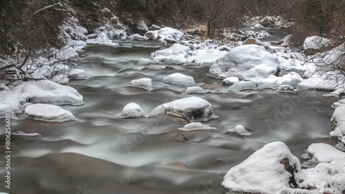 landscape, water, river, snow, mointain, stone.winter,stream.