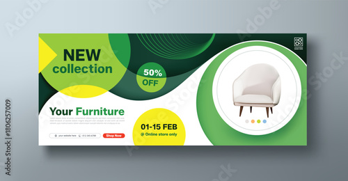 Corporate web banner mockup, a social media template for branding and a cover header background for furniture and home essentials promotion