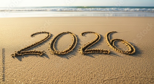 Dreamy beach scene with 2026 year written in the sand, perfect for new year's resolutions, travel plans, or future vacation goals on a tranquil shore